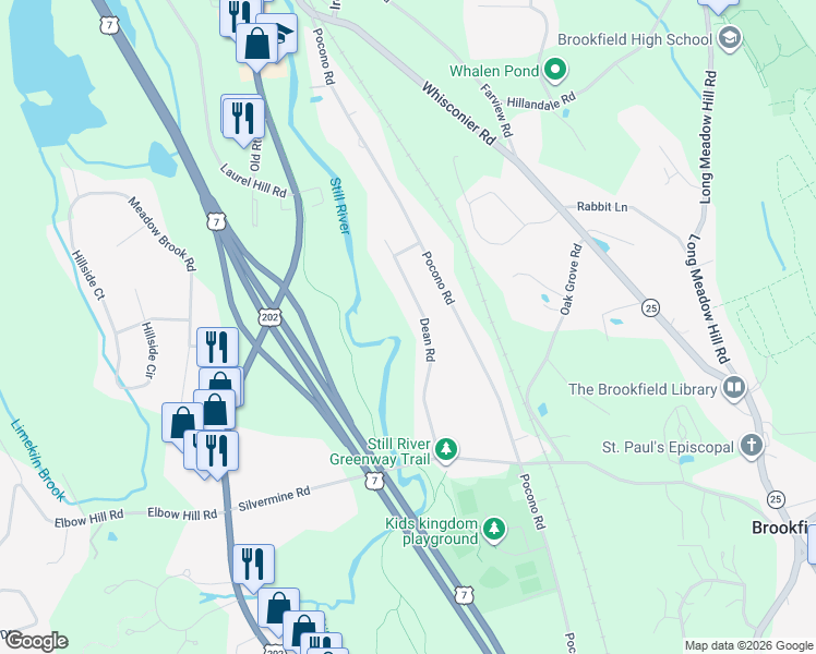 map of restaurants, bars, coffee shops, grocery stores, and more near 20 Dean Rd in Brookfield