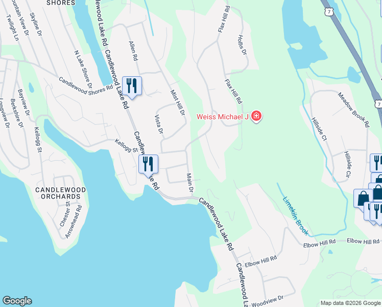 map of restaurants, bars, coffee shops, grocery stores, and more near 23 Main Drive in Brookfield