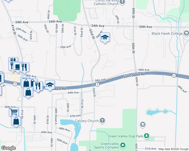 map of restaurants, bars, coffee shops, grocery stores, and more near 3746 53rd Street in Moline
