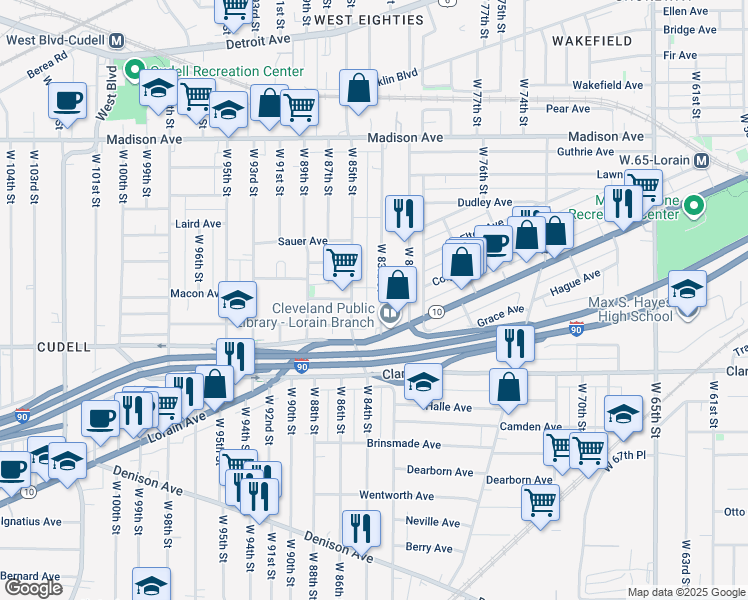 map of restaurants, bars, coffee shops, grocery stores, and more near 2188 West 83rd Street in Cleveland