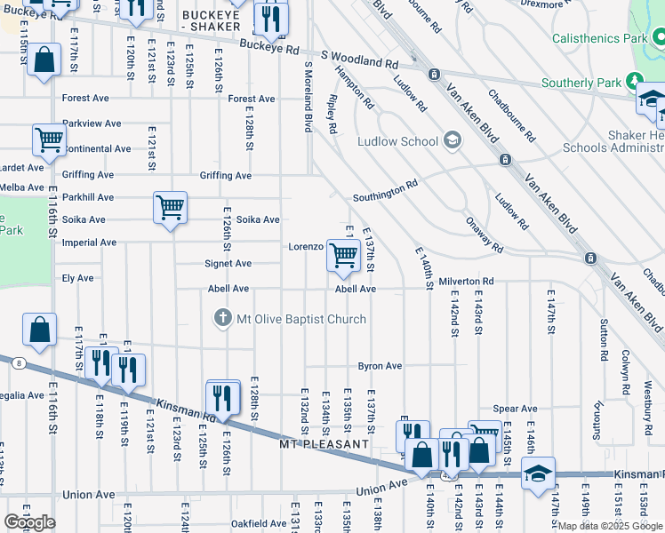 map of restaurants, bars, coffee shops, grocery stores, and more near 3193 East 134th Street in Cleveland