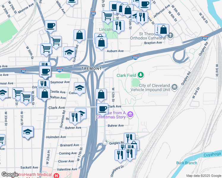 map of restaurants, bars, coffee shops, grocery stores, and more near 2956 West 12th Street in Cleveland