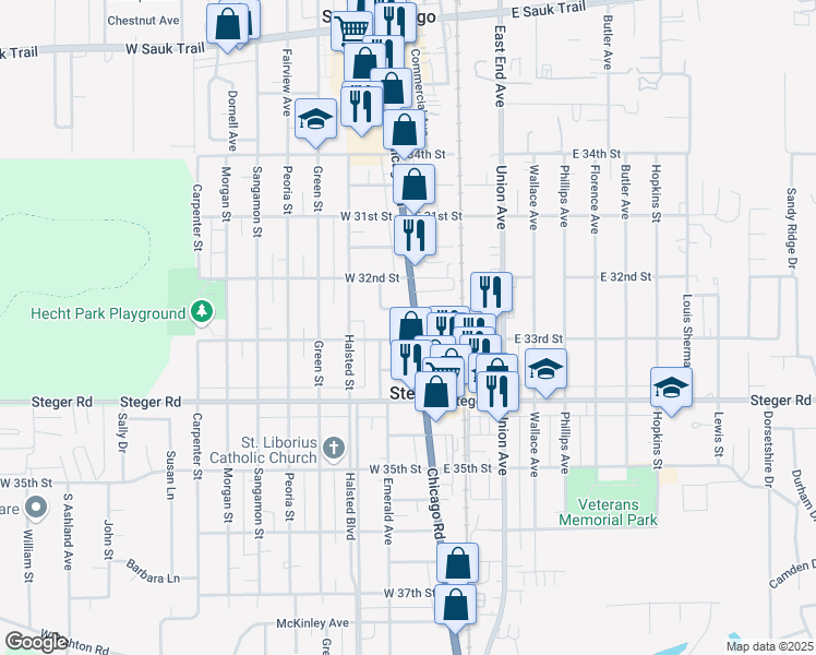 map of restaurants, bars, coffee shops, grocery stores, and more near 3234 Chicago Road in Steger