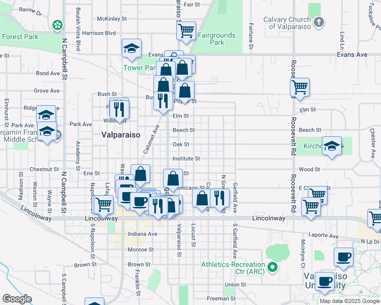 map of restaurants, bars, coffee shops, grocery stores, and more near 403 Locust Street in Valparaiso