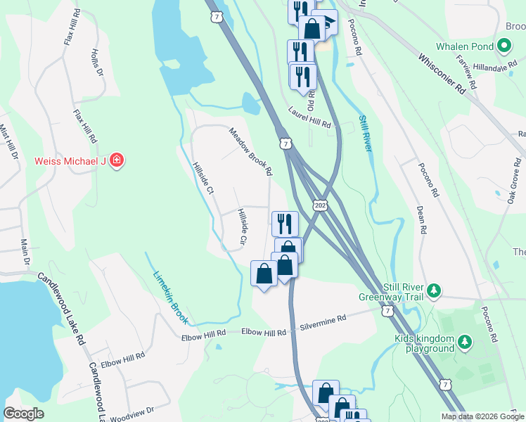 map of restaurants, bars, coffee shops, grocery stores, and more near 1 Birch Road in Brookfield