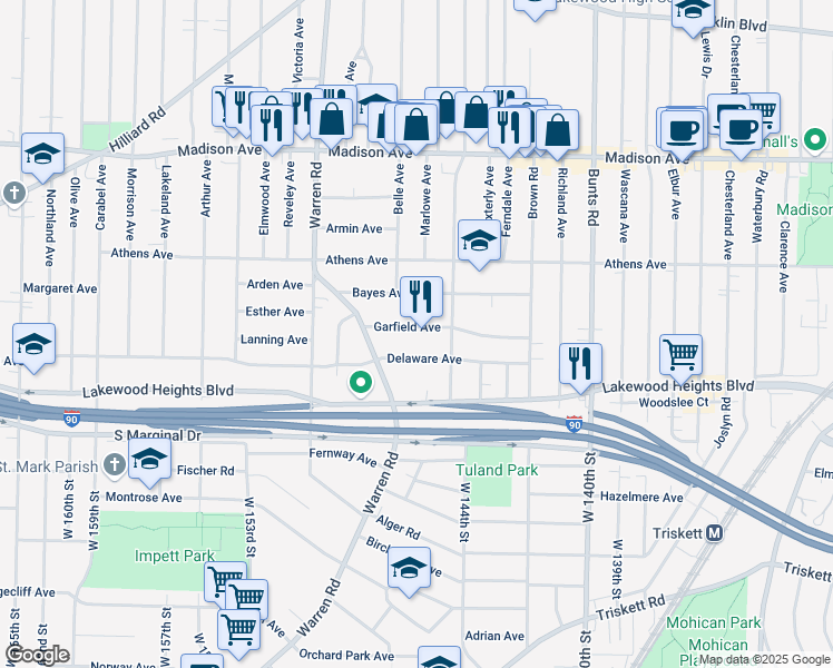 map of restaurants, bars, coffee shops, grocery stores, and more near 14515 Garfield Avenue in Lakewood