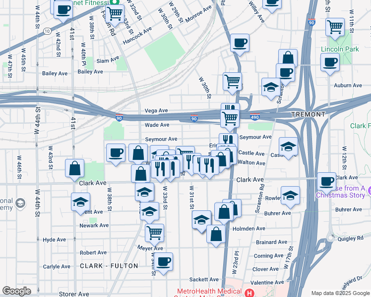 map of restaurants, bars, coffee shops, grocery stores, and more near 3113 Erin Avenue in Cleveland