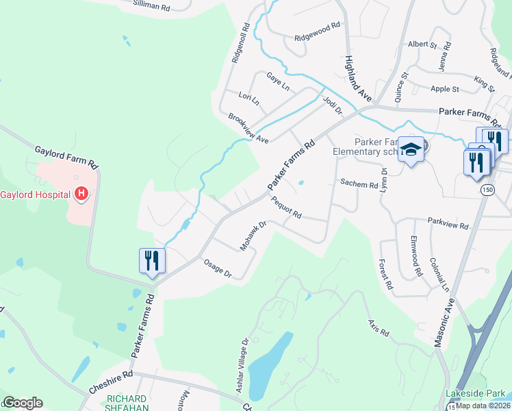 map of restaurants, bars, coffee shops, grocery stores, and more near 184 Parker Farms Road in Wallingford