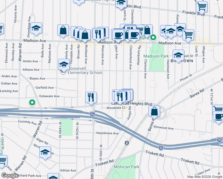 map of restaurants, bars, coffee shops, grocery stores, and more near 2179 Wyandotte Avenue in Lakewood