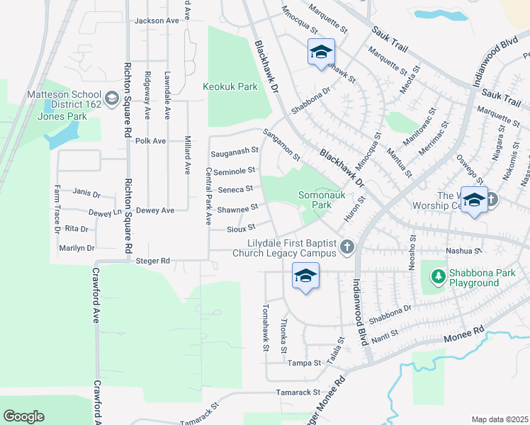 map of restaurants, bars, coffee shops, grocery stores, and more near 450 Shabbona Drive in Park Forest