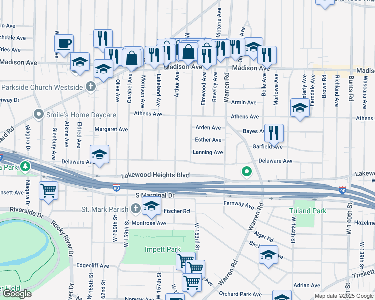 map of restaurants, bars, coffee shops, grocery stores, and more near 2188 Mars Avenue in Lakewood