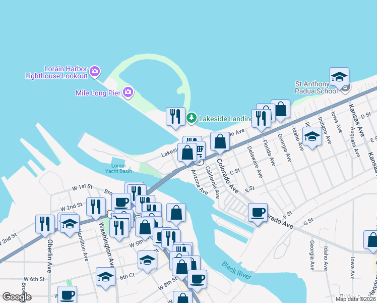map of restaurants, bars, coffee shops, grocery stores, and more near 109 Arizona Avenue in Lorain