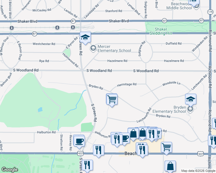 map of restaurants, bars, coffee shops, grocery stores, and more near 23529 Bryden Road in Beachwood