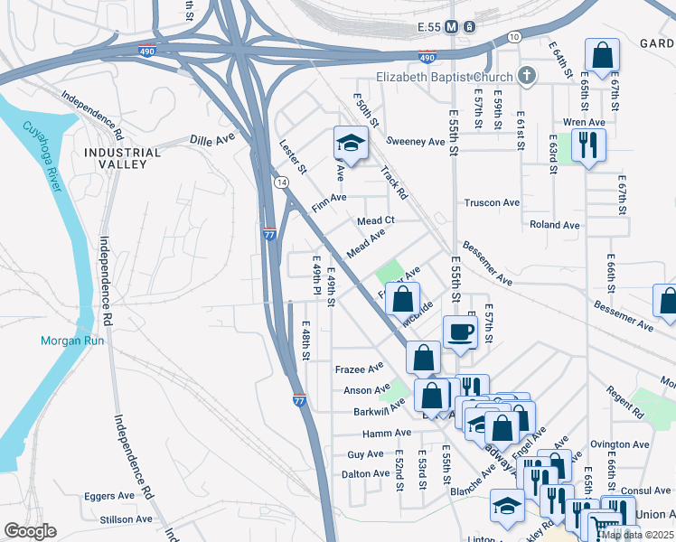 map of restaurants, bars, coffee shops, grocery stores, and more near 4952 Broadway Avenue in Cleveland