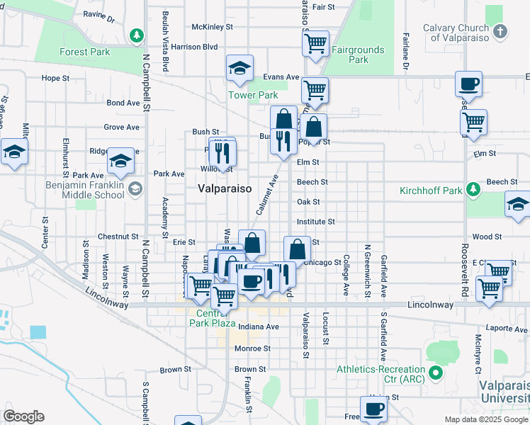 map of restaurants, bars, coffee shops, grocery stores, and more near 403 Michigan Avenue in Valparaiso