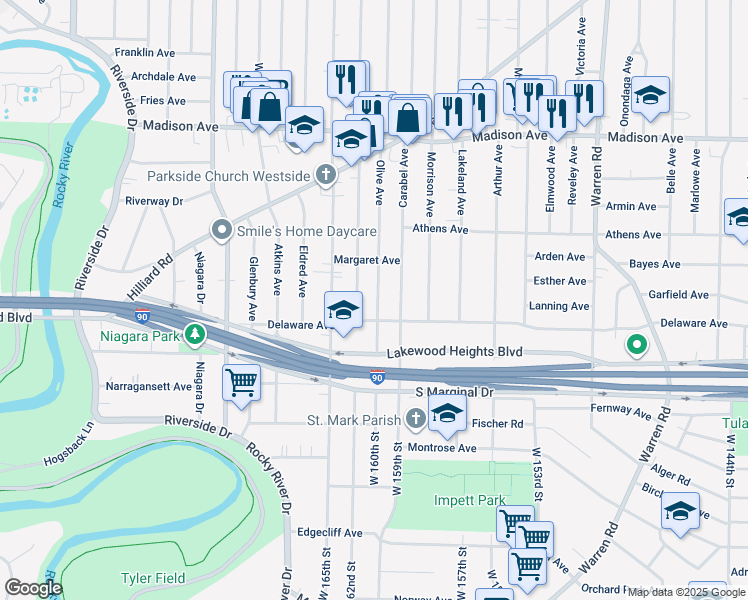 map of restaurants, bars, coffee shops, grocery stores, and more near 2220 Olive Avenue in Lakewood