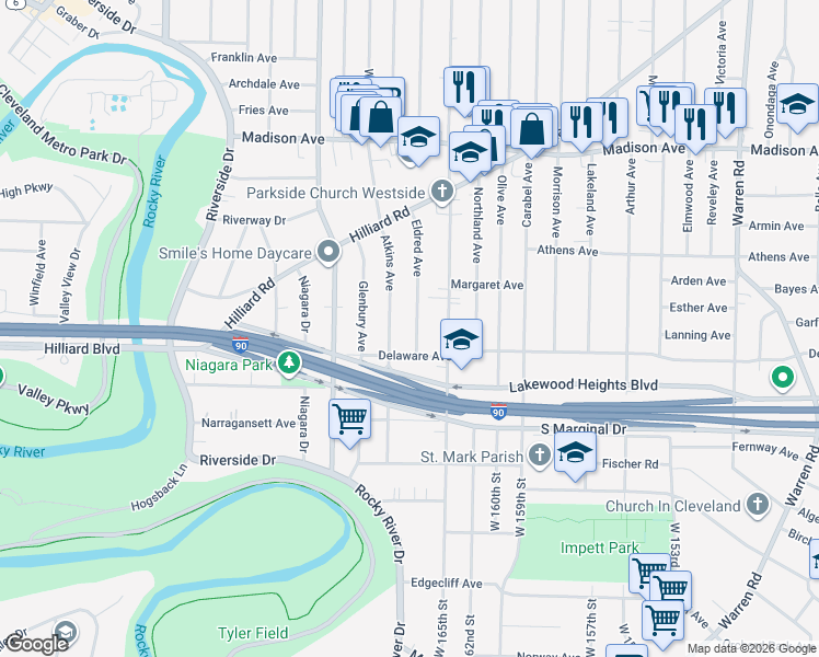 map of restaurants, bars, coffee shops, grocery stores, and more near 2226 Eldred Avenue in Lakewood