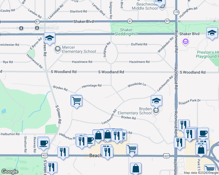 map of restaurants, bars, coffee shops, grocery stores, and more near 3198 West Sulgrave Oval in Beachwood