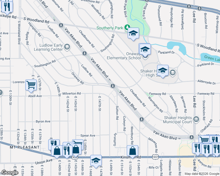 map of restaurants, bars, coffee shops, grocery stores, and more near 14718 Onaway Road in Shaker Heights