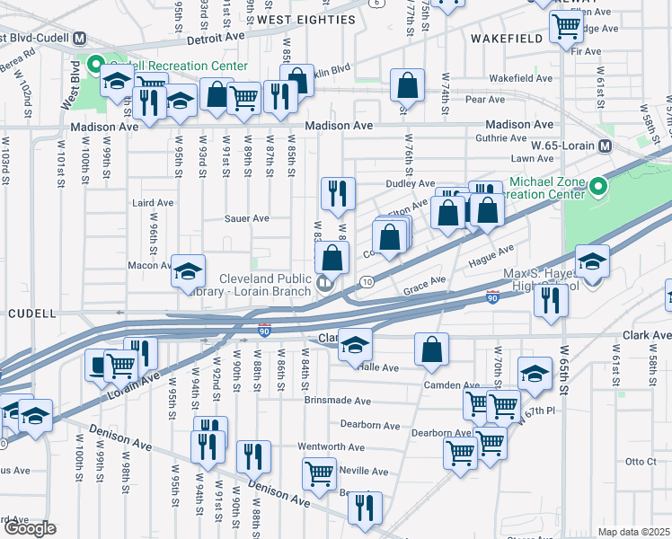 map of restaurants, bars, coffee shops, grocery stores, and more near 2186 W 81st St in Cleveland