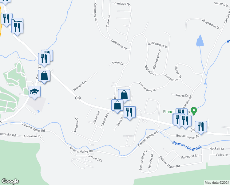 map of restaurants, bars, coffee shops, grocery stores, and more near 70 Osborn Road in Naugatuck