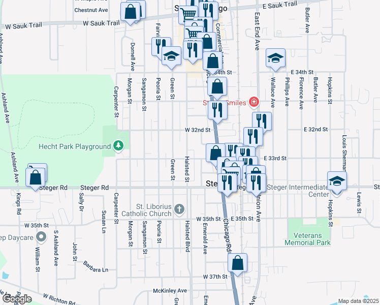 map of restaurants, bars, coffee shops, grocery stores, and more near 3239 Halsted Street in Steger