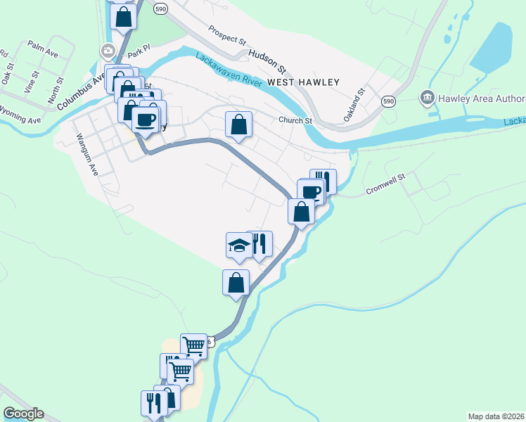 map of restaurants, bars, coffee shops, grocery stores, and more near 410 Woodland Ave in Hawley