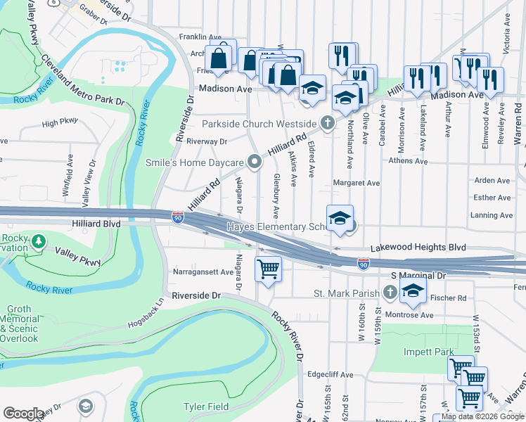 map of restaurants, bars, coffee shops, grocery stores, and more near 2185 McKinley Avenue in Lakewood
