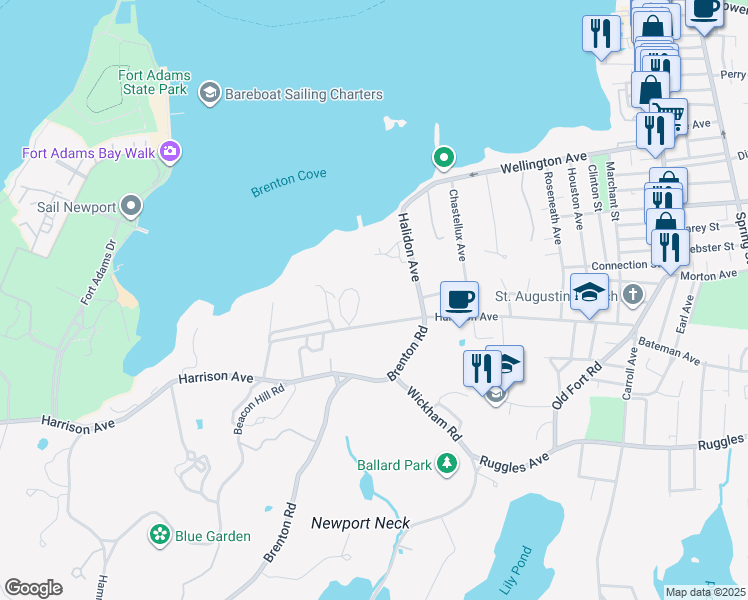 map of restaurants, bars, coffee shops, grocery stores, and more near 95 Harrison Avenue in Newport