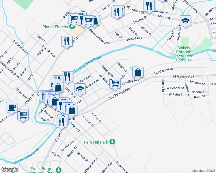 map of restaurants, bars, coffee shops, grocery stores, and more near 520 Delaware Avenue in Olyphant
