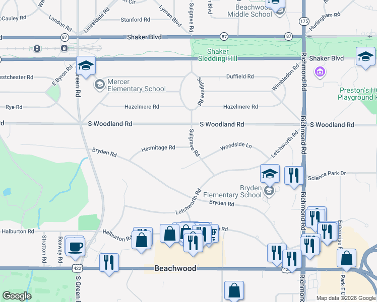 map of restaurants, bars, coffee shops, grocery stores, and more near 3198 West Sulgrave Oval in Beachwood