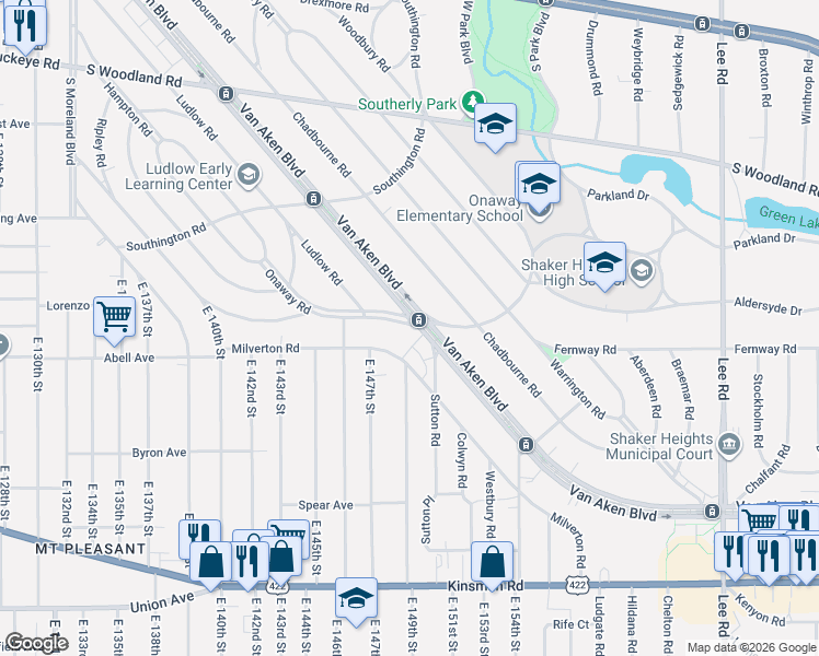 map of restaurants, bars, coffee shops, grocery stores, and more near 14718 Onaway Road in Shaker Heights