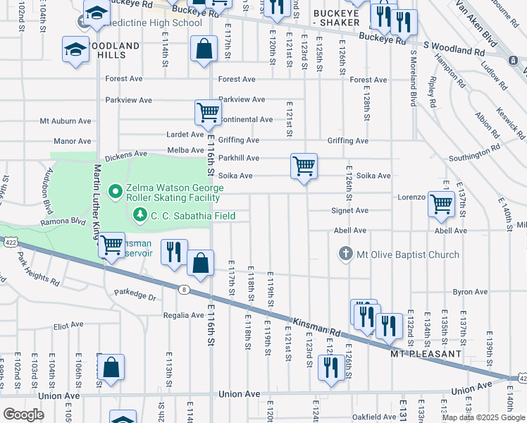 map of restaurants, bars, coffee shops, grocery stores, and more near 3185 East 118th Street in Cleveland