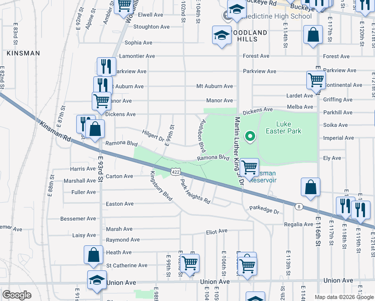 map of restaurants, bars, coffee shops, grocery stores, and more near 10216 Hilgert Drive in Cleveland