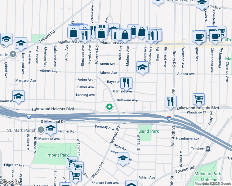 map of restaurants, bars, coffee shops, grocery stores, and more near 2217 Warren Road in Lakewood