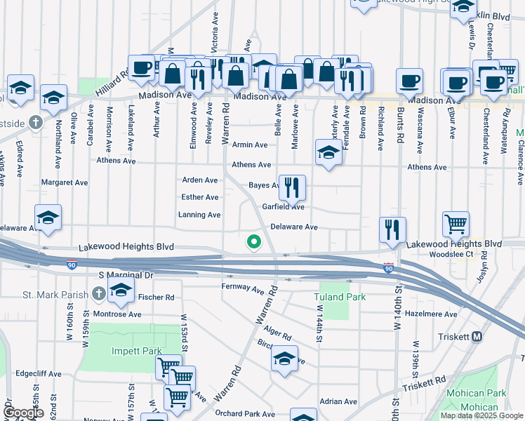 map of restaurants, bars, coffee shops, grocery stores, and more near 2217 Warren Road in Lakewood