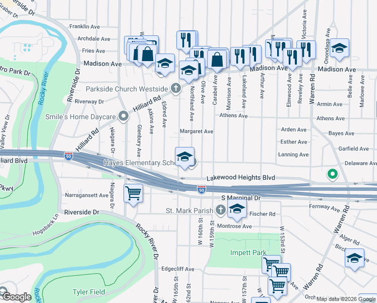 map of restaurants, bars, coffee shops, grocery stores, and more near 2241 Woodward Avenue in Lakewood