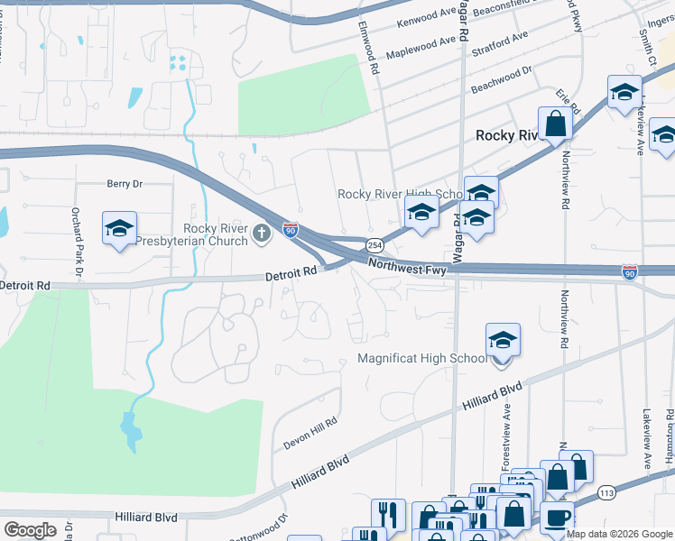 map of restaurants, bars, coffee shops, grocery stores, and more near 21475 Detroit Road in Rocky River