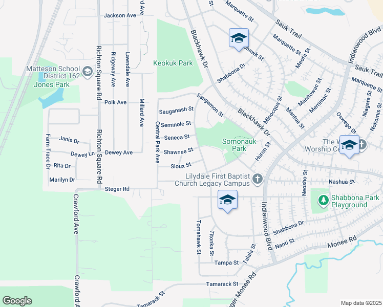 map of restaurants, bars, coffee shops, grocery stores, and more near 307 Shawnee Street in Park Forest