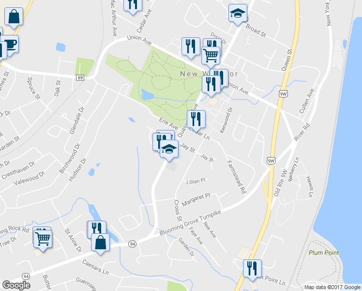 map of restaurants, bars, coffee shops, grocery stores, and more near 8 Jay Street in New Windsor