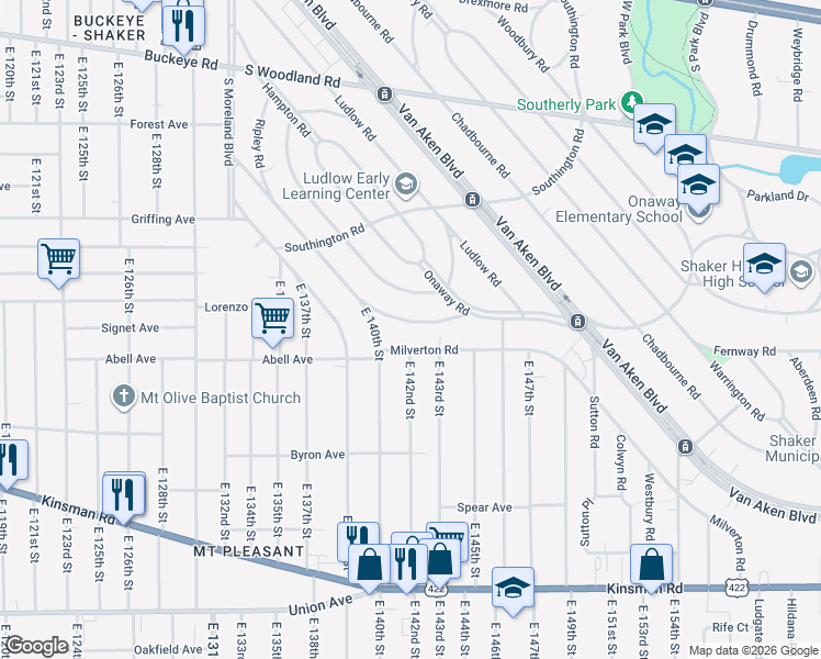 map of restaurants, bars, coffee shops, grocery stores, and more near 14112 Ashwood Road in Shaker Heights