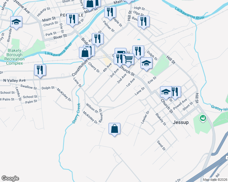 map of restaurants, bars, coffee shops, grocery stores, and more near 525 2nd Ave in Jessup