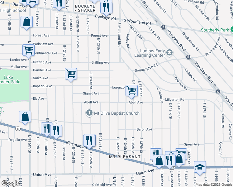 map of restaurants, bars, coffee shops, grocery stores, and more near 3190 East 132nd Street in Cleveland