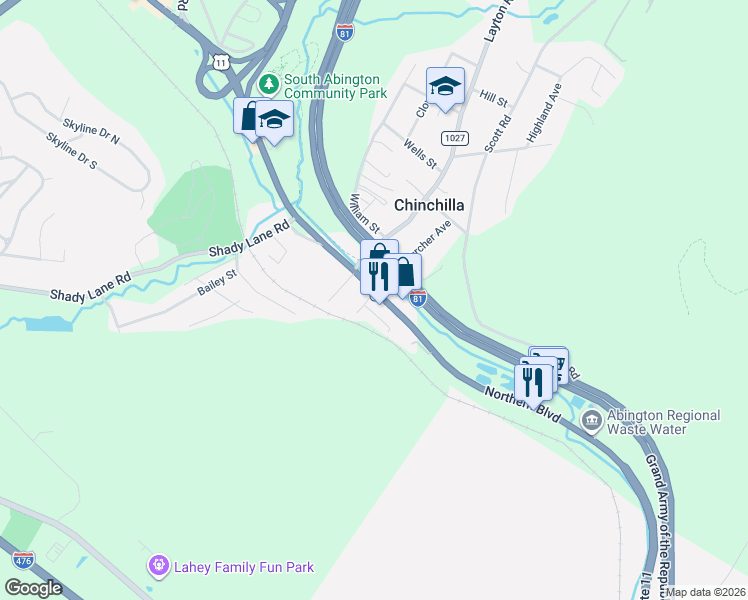 map of restaurants, bars, coffee shops, grocery stores, and more near 329 Northern Boulevard in Lackawanna County
