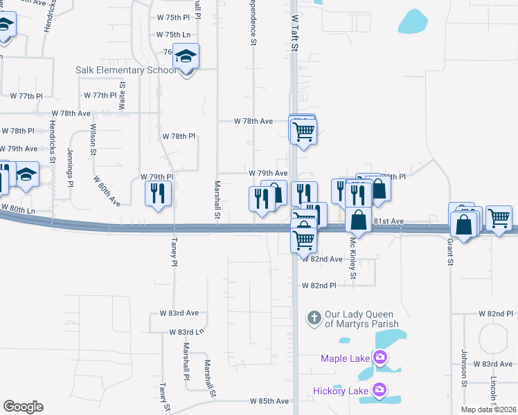 map of restaurants, bars, coffee shops, grocery stores, and more near 7919 Independence Street in Merrillville