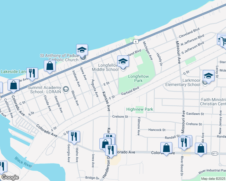 map of restaurants, bars, coffee shops, grocery stores, and more near 425 Kentucky Ave in Lorain