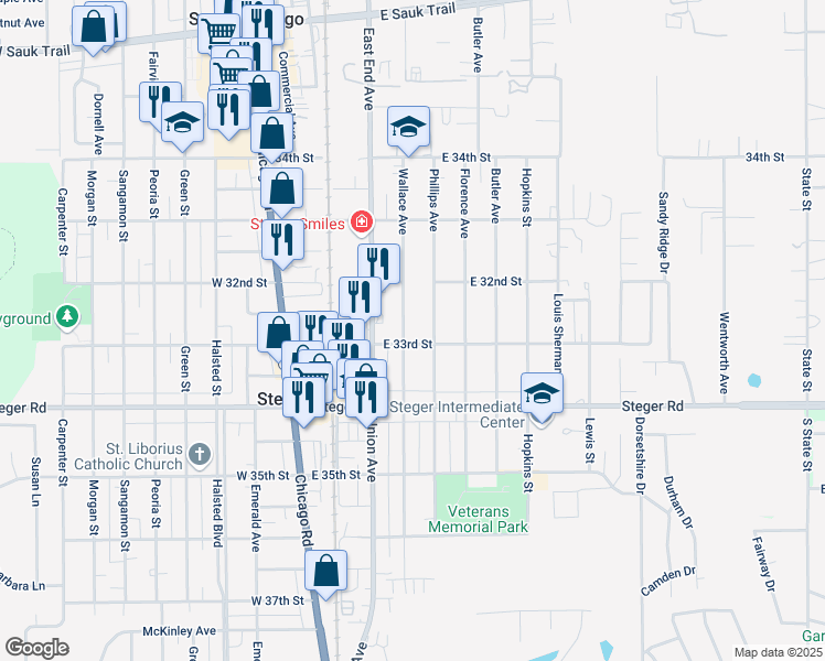 map of restaurants, bars, coffee shops, grocery stores, and more near 3237 Wallace Avenue in Steger