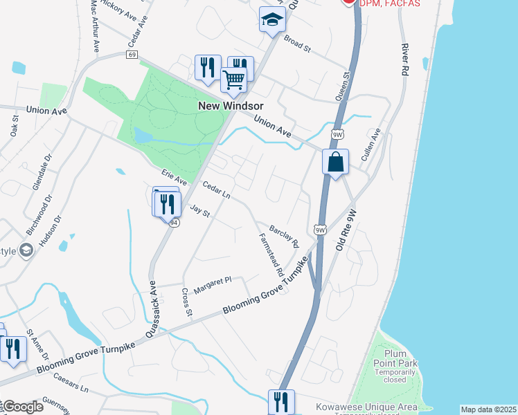 map of restaurants, bars, coffee shops, grocery stores, and more near 43 Cedar Lane in New Windsor