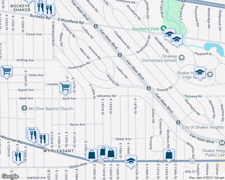 map of restaurants, bars, coffee shops, grocery stores, and more near 14306 Ashwood Road in Shaker Heights