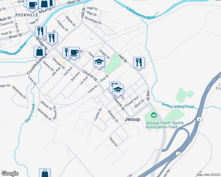 map of restaurants, bars, coffee shops, grocery stores, and more near 801 Church Street in Jessup